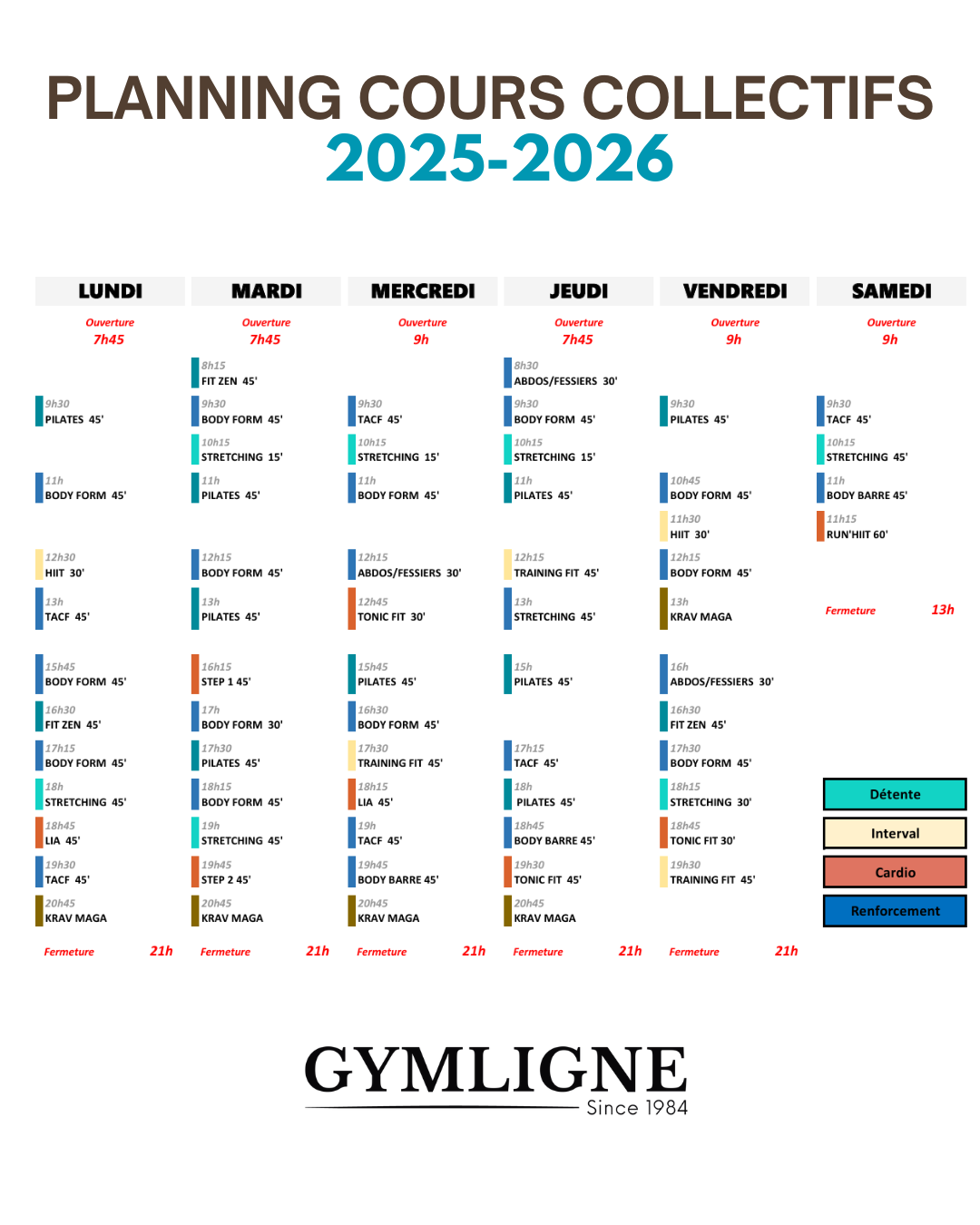 Planning des cours collectifs chez Gymligne